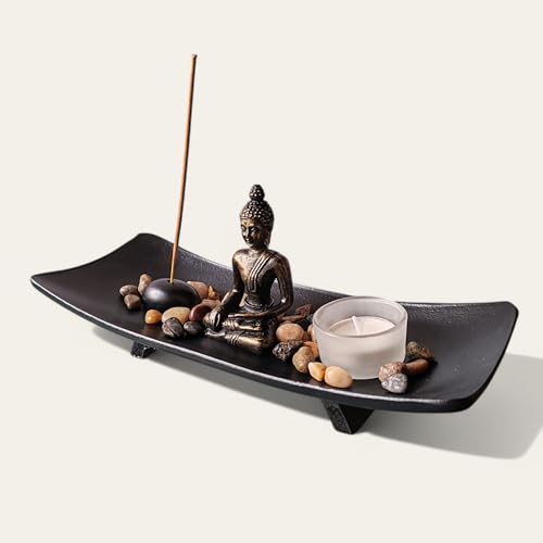 ZEN&TAO Japanese Zen Garden Style Incense and Tealight Holder Set Black Tray with with Buddha Statue, Incense Holder, Candle Holder and Natural Graves - Image 4