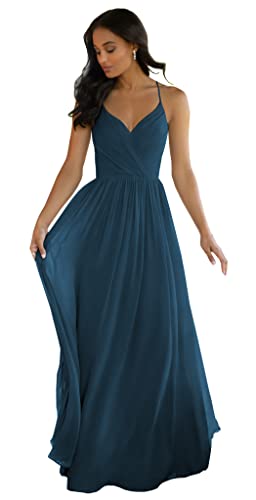 Image of LANGKAAO Women's V Neck Bridesmaid Dresses Long for Wedding A-Line Chiffon Open Back Formal Gown with Pockets