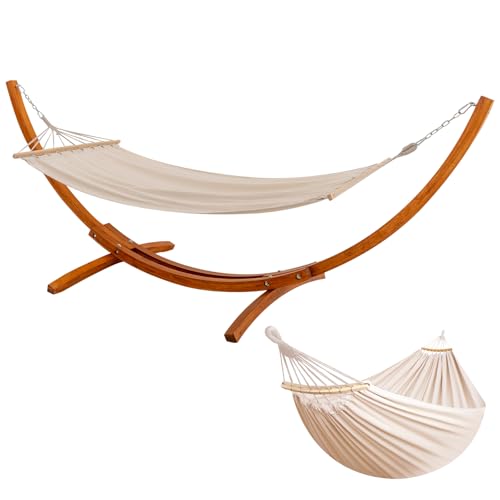 BELONID Amaca con Supporto in Legno, Incluye 2 Amache, Portata 200 kg, Medidas 320×120×120 cm, Telaio Arcuato Stabile in Legno, Regolabile in Altezza, per Giardino, Terrazzo e Balcone