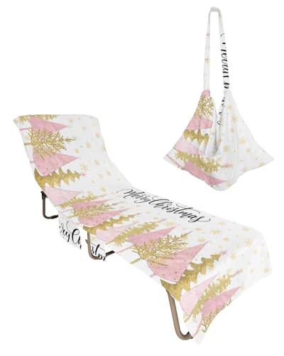Pink Xmas Tree Beach Chair Towel Covers for Chaise Lounge with Side Pocket, Soft Plush Pool Towels Cover for Patio Sunbathing Outdoor 29''x85'' Christmas Star Golden Snowflake