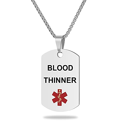 UNICGIFT Medical Alert ID Necklace Laser Engraved Blood THINNER Stainless Steel Tag Pendant with 23.6 inch Chain for Men Women Emergency First Aid