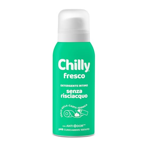 Chilly Senza Risciacquo, Detergente Intimo Senza Risciacquo Fresco, Da usare sulla Carta Igienica, Formula in Mousse a pH5, Arricchito con mentolo naturale, Con Anti-Odor, Clinicamente Testato - 100ml