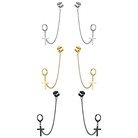 JewelryWe Schmuck 3 Paare Herren Damen Ohrringe Edelstahl Kreuz Kruzifix Creolen Ohrstecker Ohrclip Ohrklemme Ohrkette Hip-Hop Vatertag Geschenk Cover