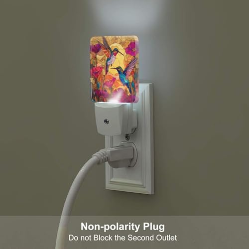 Image of Colorful Hummingbirds Night Light Set of 2, Stained Glass Auto Sensor LED Dusk-to-Dawn Nightlights, Plug-in Sensor Lamp for Bedroom Bathroom Kitchen Hallway Stairs Decorative