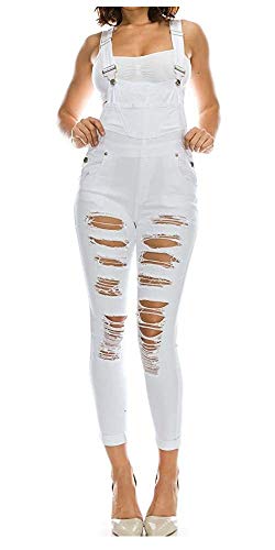 doublefive Women's Destroyed Twill Distressed Ripped Jean Skinny Denim Overalls and Jumpsuit with Pocket (Small White)