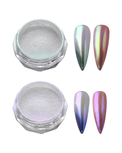 LEEQBCR 2 Polvo de Cromo para Uñas Aurora Pearl,Uñas de Cromo con Purpurina Transparente,Uñas de Cromo con Efecto Degradado,Polvo de Cromo con Efecto Espejo para Decoración de Uñas,Uñas de Esmaltadas