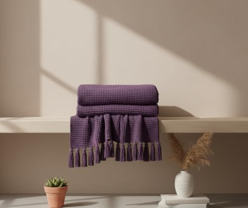 Image of Furnistitchs Bohemian Cotton Sofa Throw Blanket 50x60 inches | Waffle Knit & Chevron Pattern with Fringes | Aesthetic Decorative Couch Throw for Living Room & Bedroom (Wine)