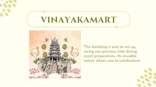 Image of laxmi Devi Backdrop Cloth | Traditional Peach Theme with a Stone Temple Gopuram, Flying Green Parrots, Palm Trees, Holy Cows, and Pink Blooming Lotuses Backdrop | Pooja Backdrop Cloth 8 ft x 8 ft