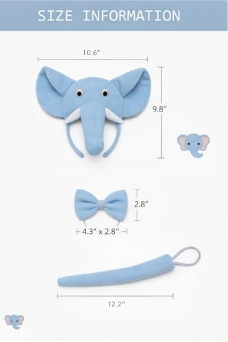 Image of Blue Elephant Headband with Bow and Tail Costume Set, Halloween Animal Ears Costume Dress Up Suit, Cosplay Party Supplies for Adult