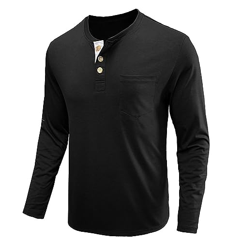 Men Henley Long Sleeve Shirts Fashion Classic Slim Fit Shirt Button Cotton Solid Casual T-Shirt with Pocket (Large,Black)