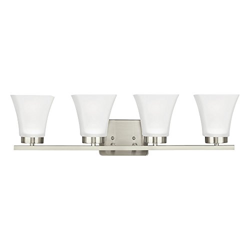 Image of Sea Gull Lighting 4411604-962 Bayfield Four-Light Bath or Wall Light Fixture with Satin Etched Glass Shades, Brushed Nickel Finish