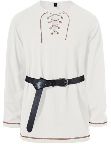 Image of JEMITOP Men's Pure Cotton Vintage Lace Up Shirts for Pirate Renaissance Viking Medieval Costume Without Belt