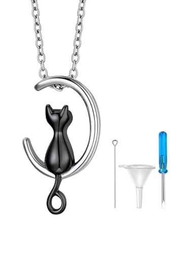 Richsteel Moon Cat Cremation Jewelry for Ashes Human Pets Stainless Steel Keepsake Urn Pendant with 18 Inch Rolo Chain Memorial Gift Waterproof