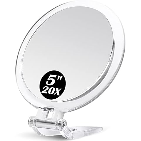 MIYADIVA Magnifying Mirror 20x - Travel Hand Mirror with Handle - Folding Handheld Makeup Mirror with Stand, Double Sided Cover
