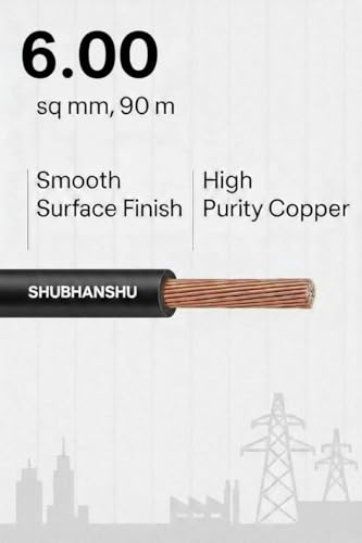 Image of 6.00 SQMM PVC Insulated Pure Copper Wire | Single Core Flexible Electric Cable | ISI Certified | 90 Meters | Black