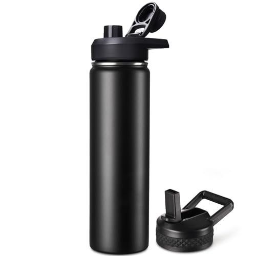 Image of Fijinhom 24 oz Insulated Water Bottle with Handle, 304 Stainless Steel Water Bottles with 2 Lids, Double Wall Vacuum Sports Water Cup with Straw, BPA Free, Keep Cold and Hot, Black