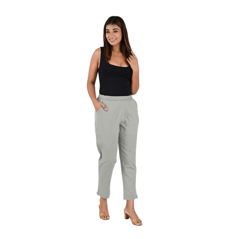 Image of Women's Solid Straight Fit 100% Cotton Trousers | High Waist, Side Pockets, Ankle Length Pants for Office, Casual