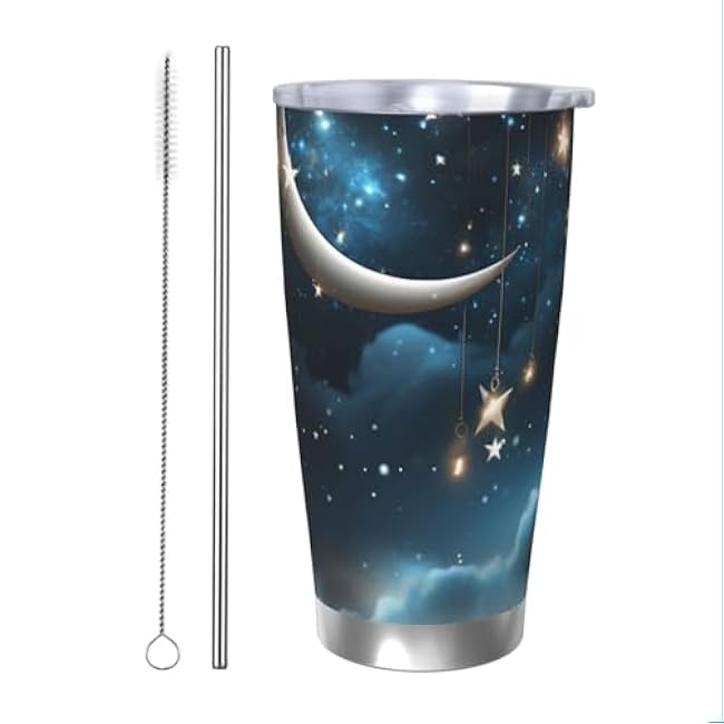 20oz Tumbler with Lids and Straws Nightsky Hanging Moon Stars Travel Coffee Mug Insulated Stainless Steel Double Wall Tumbler for Hot & Cold Drinks Reusable Thermos Cup Iced Tea Mug