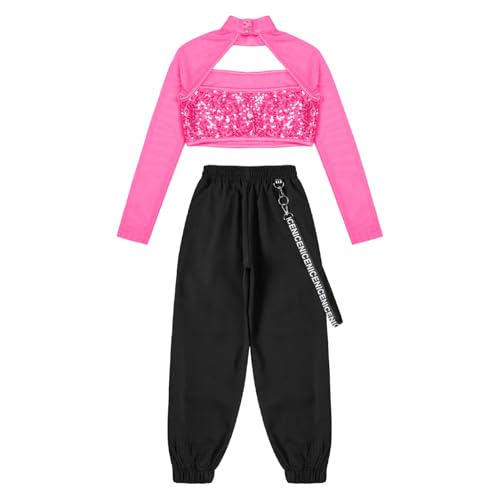Kids Girls 2Pcs Dance Tracksuit Shiny Crop Top with Cargo Pants Outfits for Hip Hop Sports Dancewear4