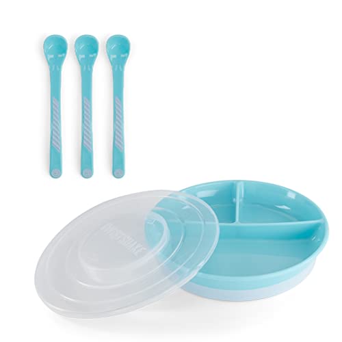 Twistshake Babygeschirr-Set | Geteilter Teller + 3 Löffel Besteck | BPA-frei | Ernährungstrainingsset für Kinder | Baby-Fütterungsset | Blau