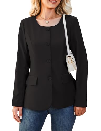 Genhoo Womens Business Casual Blazers Button Down Round Neck Long Sleeve Work Office Suit Jackets Outfits with Padded Shoulder Black S