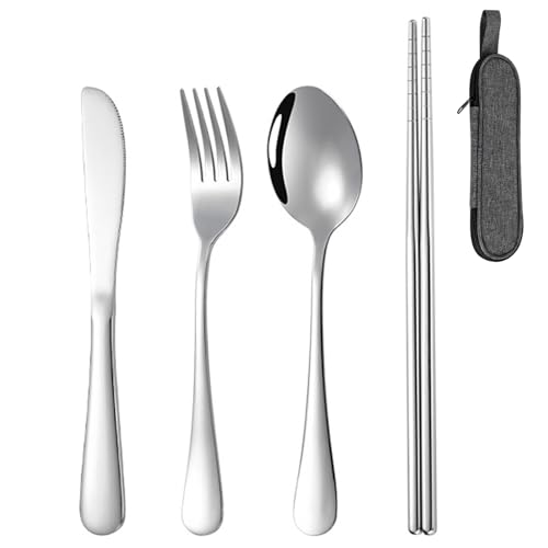 Cutlery Set, 4 Piece Stainless Steel Flatware Set with Storage Bag, Tableware Silverware Set with Spoon Knife Fork and Chopsticks Sets, Mirror Polished, Dishwasher Safe