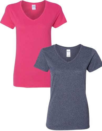 Gildan T-shirt femme col V coton lourd 2 unités MOY héliconie/gris marine