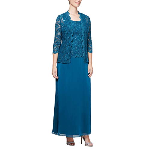 Image of Alex Evenings Women's Long Mock Jacket Dress with Satin Skirt, Peacock, 10
