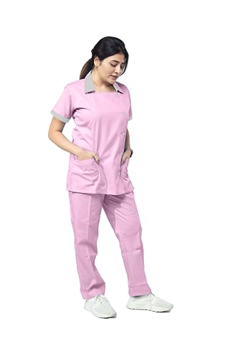 Image of UNIFORM CRAFT Poly Cotton Twill Nurse Uniforms - Ideal for Nurse uniforms for Women | Clinic uniforms for Women | Hospital uniforms for Nurses | Hospital Uniform, NT04 Pink and Grey (S)