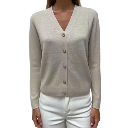 Women's V-Neck Pure Merino Wool Solid Open Front Button Classic Style Cardigan Sweater