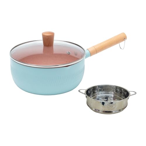 Effonek キッチン用品 家庭用鍋 アルミニウム合金製 片手鍋 ノンスティックミルクポット ガラス蓋付き お手入れ簡単 (ブルー,18CM(蒸し器付き))