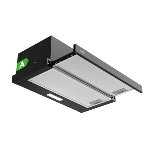 Flachschirmhaube Dunstabzugshaube 60 cm Schwarz, 370 m³/h Abluft/Umluft, Energieeffizienzklasse A, LED-Beleuchtung, nur 60/65 dB(A), inkl. Aktivkohlefilter