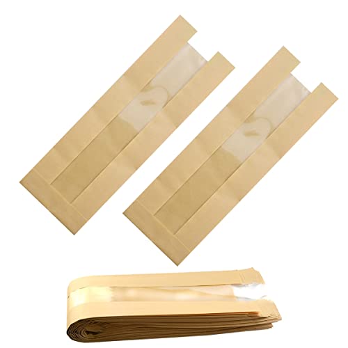 French Bread Bags 50Pieces Bakery Bags with Window Large Baguette Bread Bags Kraft Paper Loaf Packaging Bread Storage Bags For Long Breads Homemade Bread with Seal Sticker (14inch Kraft 50PCS)