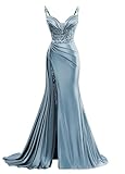 V Neck Satin Prom Dresses Long Mermaid Lace Evening Gown with Slit Pleated Bodycon Formal Dress with Tail Dusty Blue Size 14