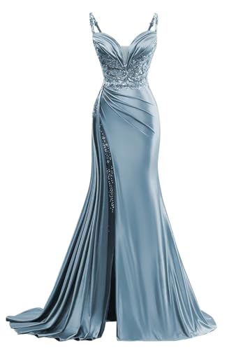 V Neck Satin Prom Dress Long Mermaid Lace Evening Gown with Slit Pleated Bodycon Formal Dress with...