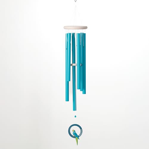Woodstock Windchimes Margaritaville Parrot Windchime – (40") Outdoor Wind Chime for Porch Patio Garden Decor with Seaglass Blue Tubes and Painted Feather