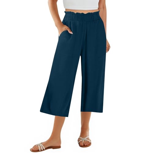 Linen Capri Pants for Women Trendy Summer Loose Fit High Waisted Paperbag Pants Casual Pull on Beach Cropped Trouser