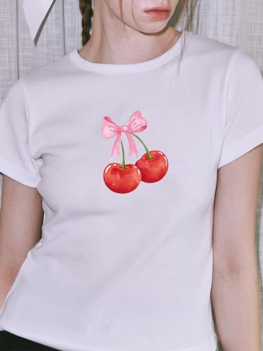 Short Sleeve Graphic T Shirts for Women Teens Y2k Bow Print Aesthetic Crop Tops Cute Baby Tee Summer Fashion 20242