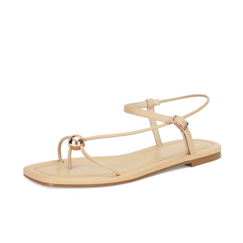 Image of Strappy Flat Sandals for Women Comfortable Open Square Toe Slingback Sandals Dressy Beach Thong Flip Flop Slides Sandals