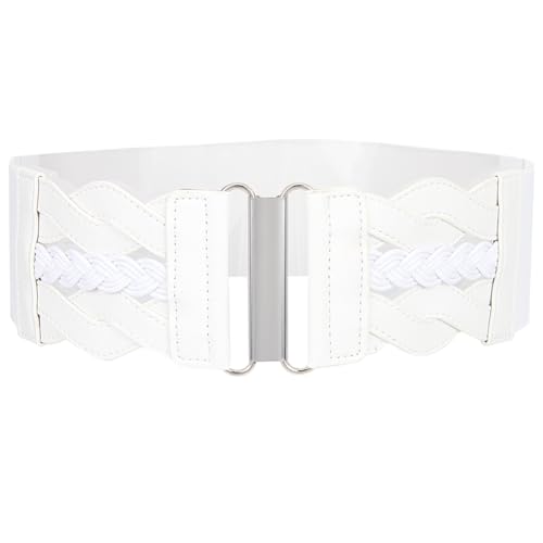 GORGECRAFT White Stretchy Belt for Women PU Leather Wide Elastic Waist Belts Vintage Adjustable Invisible No Show Cinch