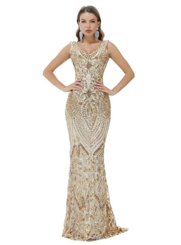 Image of Women's Wedding Bridesmaid Gown Sequined Mermaid V Neck Sleeveless Evening Dress