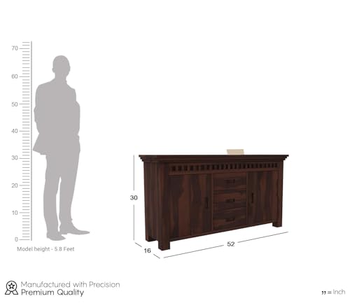 Image of Solid Sheesham Wood Walnut Finish Furniture Sideboard Crockery Cabinet for Living Dining Room Console with 3 Drawer & 2 Door Storage Buffet Home Office Accent Table Kitchen Display Unit