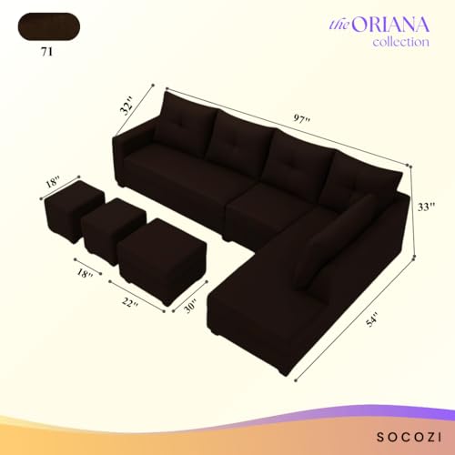 Image of SOCOZI Oriana 8 Seater RHS L Shape Sofa Set | Velvet Suede Fabric L Shape Sofa for Livingroom with 2 Ottoman & Centre Table (Dark Brown)