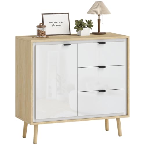 HOMCOM Credenza Cucina con 3 Cassetti e Armadietto, Mobile Cucina Moderno con Ripiano Regolabile, Credenza Buffet per Soggiorno, Sala da Pranzo e Salotto, 80x35x77 cm, Bianco Lucido e Rovere