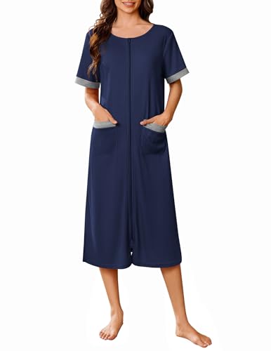 Ekouaer Zip Up Robes for Women Long Waffle Knit Bathrobe Lightweight house coat Soft Full Length Nightgown with Pockets S-3XL