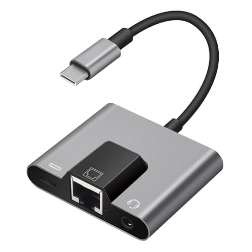 Enbiawit Type C to RJ45 Ethernet Adapter Network Adapter, Support 10/100Mbps Ethernet Network, with Type C Charge Port and 3.5mm Audio Jack, Compatible with iPhone 15/16/Android/i-Pad Pro/Mac/Galaxy