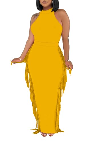 Image of 2 Piece Outfits for Women Sexy Halter Neck Sleeveless Crop Tops Ruched Bodycon Dresses Jumpsuits Fringe Skirt Sets