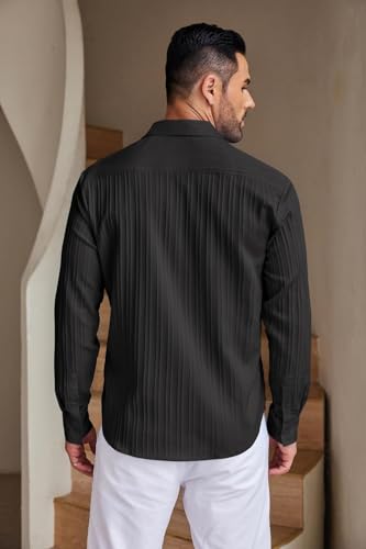 Image of DEELMO Men's Button Down Dress Shirts Textured Long Sleeve Casual Hawaiian Beach Shirt