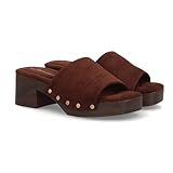 shoes&blues.es 101899 Sandalia Tipo Zueco de Mujer con Tacon Ancho. Suela Comoda y Ligera Estilo Madera. Pala Ancha Estampado Liso, Decorado con Tachuelas. Ideal Primavera Verano. Marron Talla 37