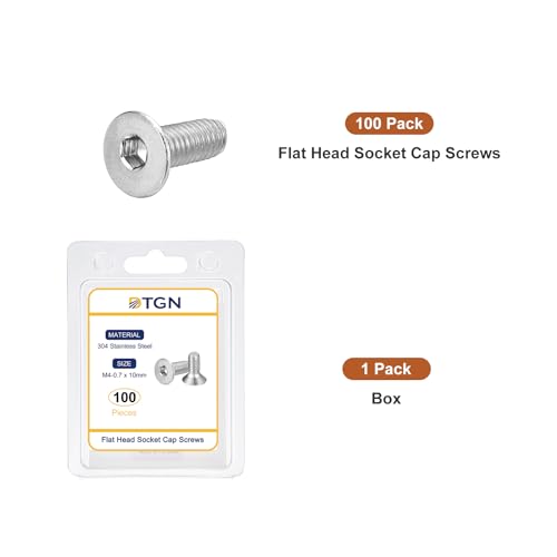 Image of DTGN M4-0.7 x 10mm Flat Head Socket Cap Screws, 100 Pack 304 Stainless Steel Hex Socket Flat Head Screws, Full Thread, Countersunk Bolts